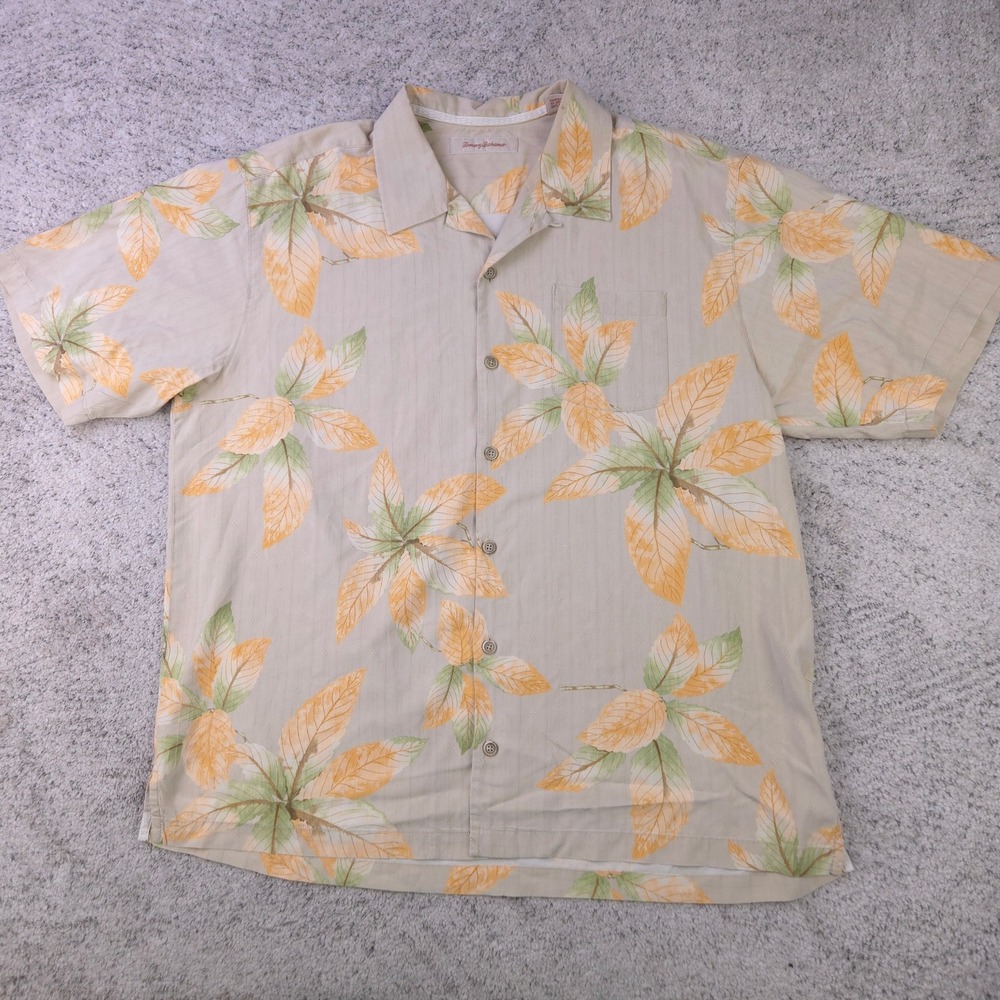 Tommy Bahama Shirt Mens‎ XL Hawaiian Leaf Pattern Short Sleeve Beige Yellow GUC